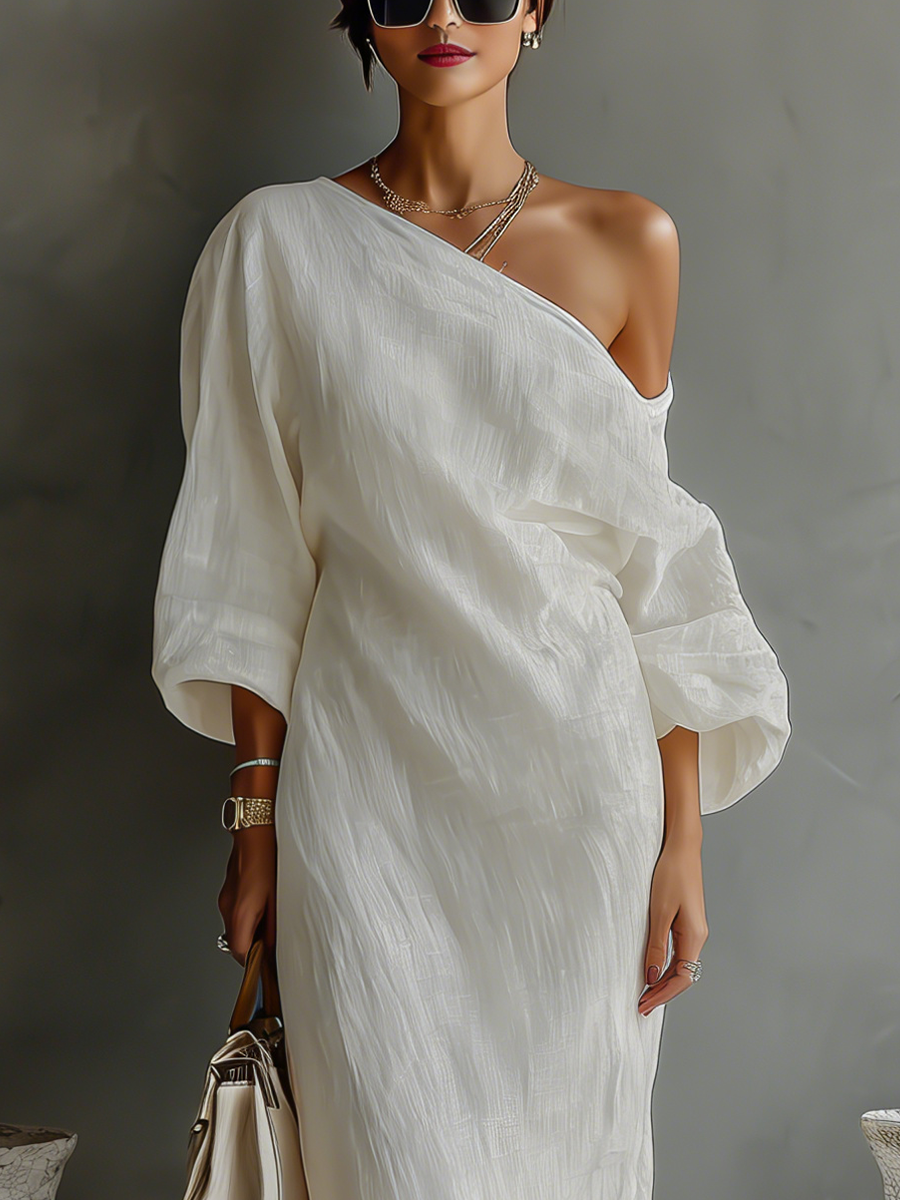 ALBA™ - IVORY LINEN OFF-SHOULDER DRESS