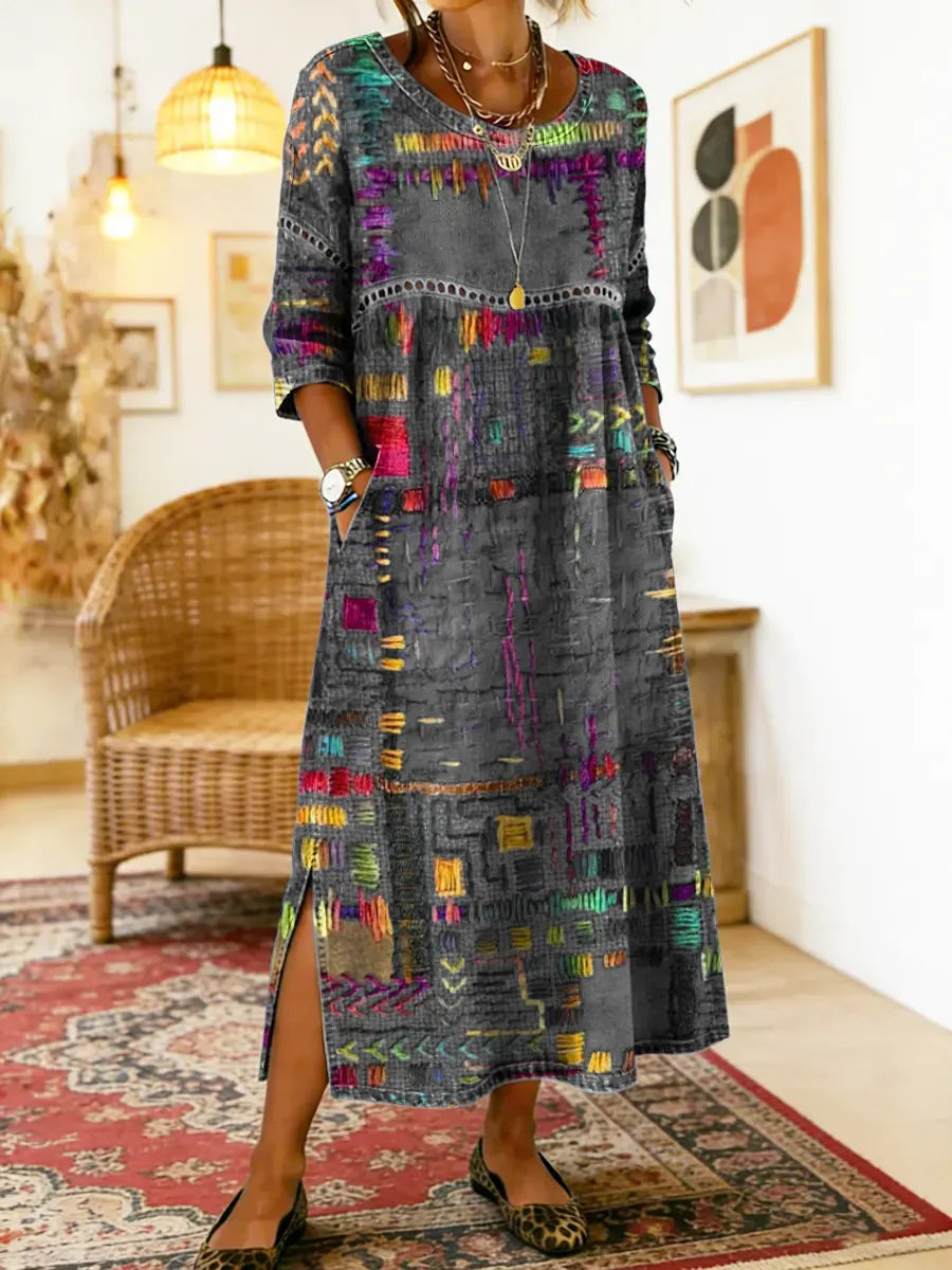 MANUELA™ - ETHNIC PATCHWORK DENIM DRESS