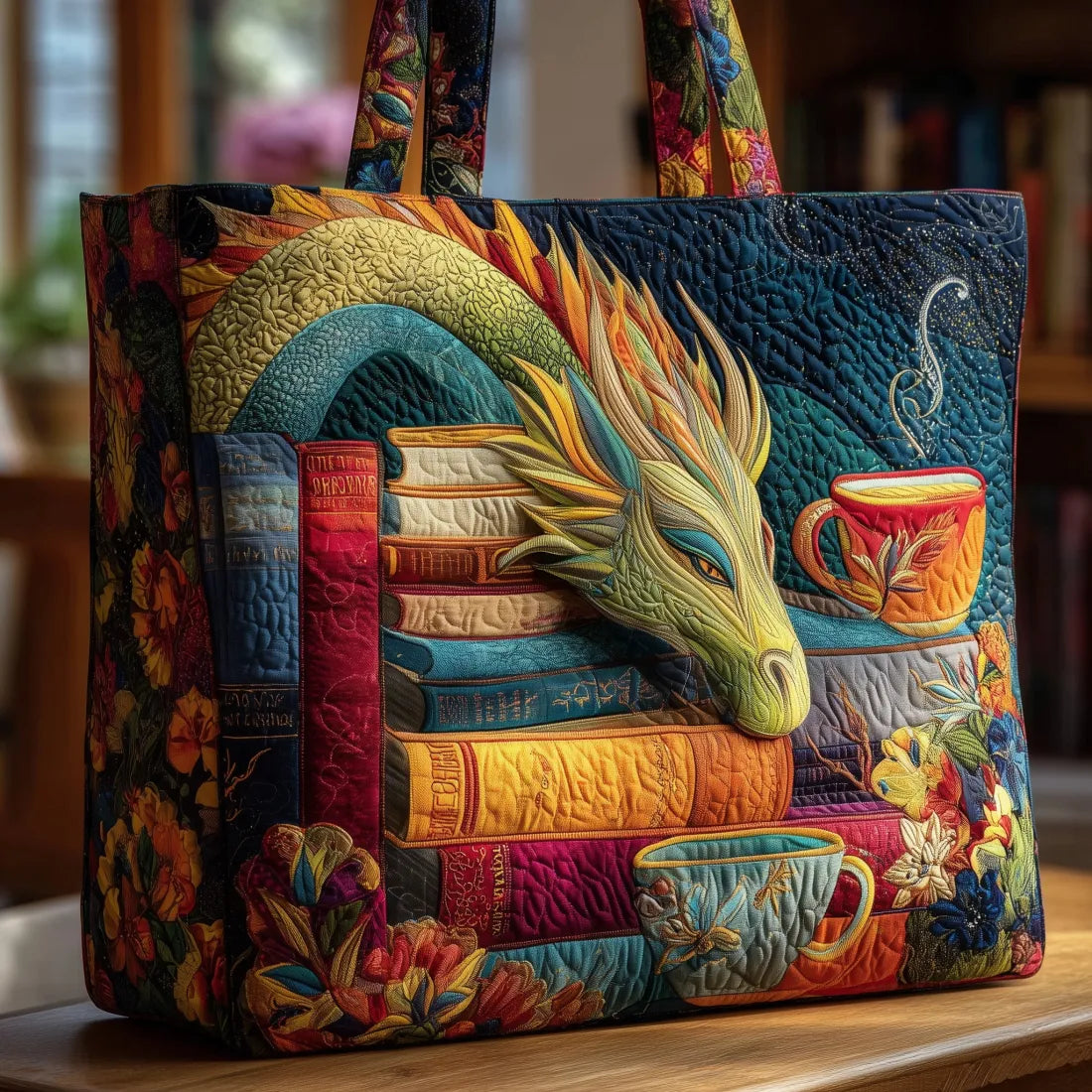 WHIMSY™ - QUILTED PRINT TOTE BAG, Dragon & Books