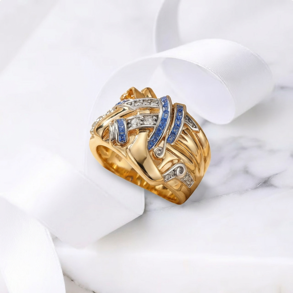 SELENE™ - WIDE FLOWER RING WITH BLUE ZIRCONIA