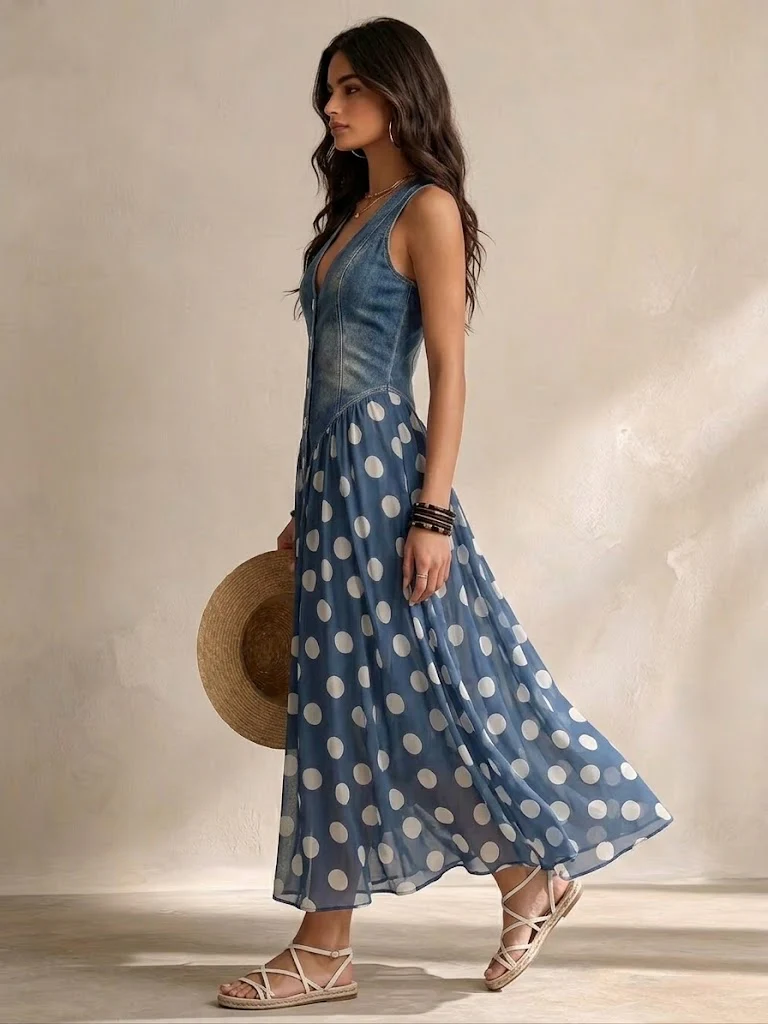 BRENDA™ - DENIM-STYLE POLKA DOT DRESS
