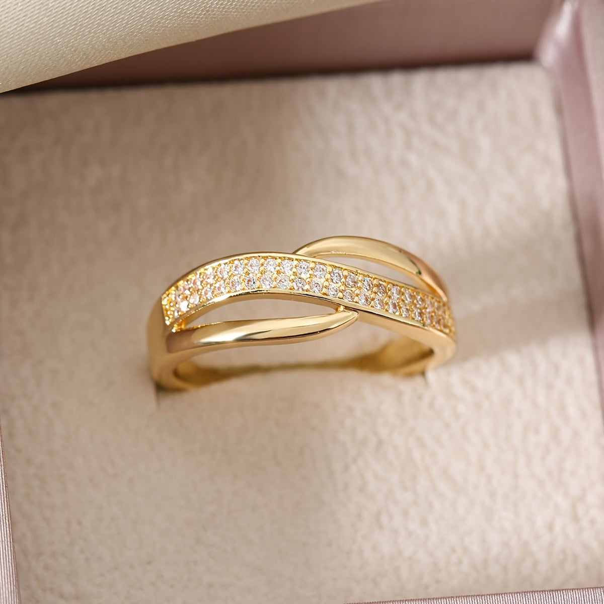 Elegant Gold-Colored Crossover Ring with Stones