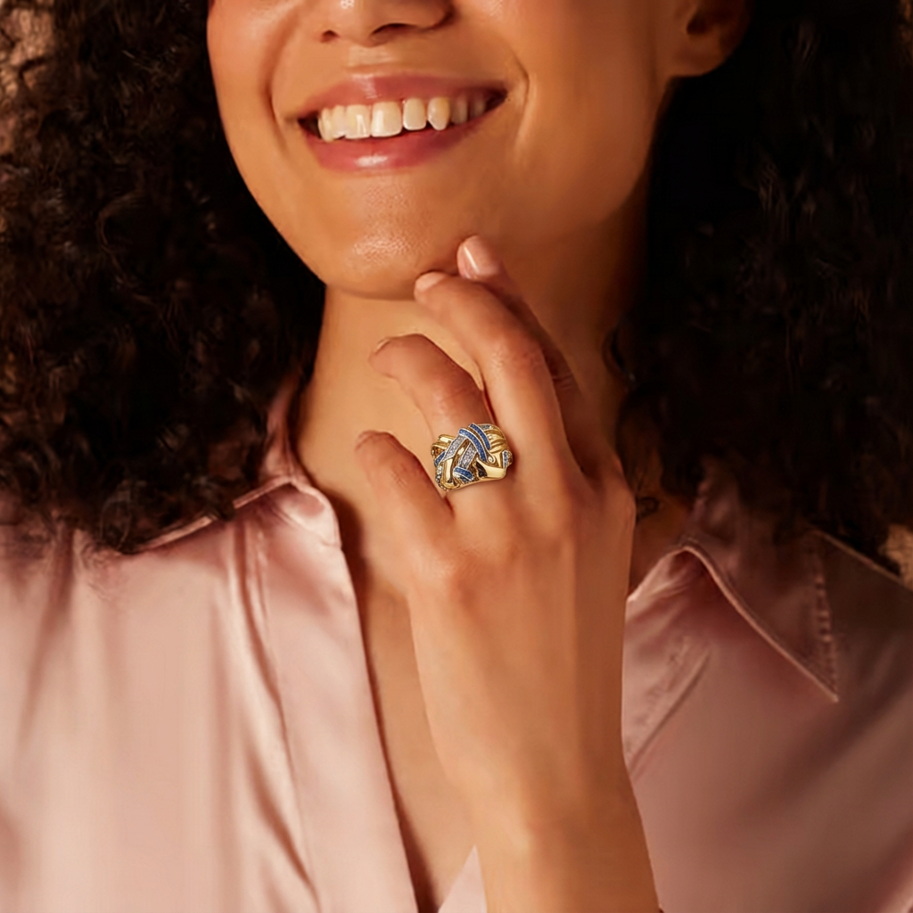SELENE™ - WIDE FLOWER RING WITH BLUE ZIRCONIA