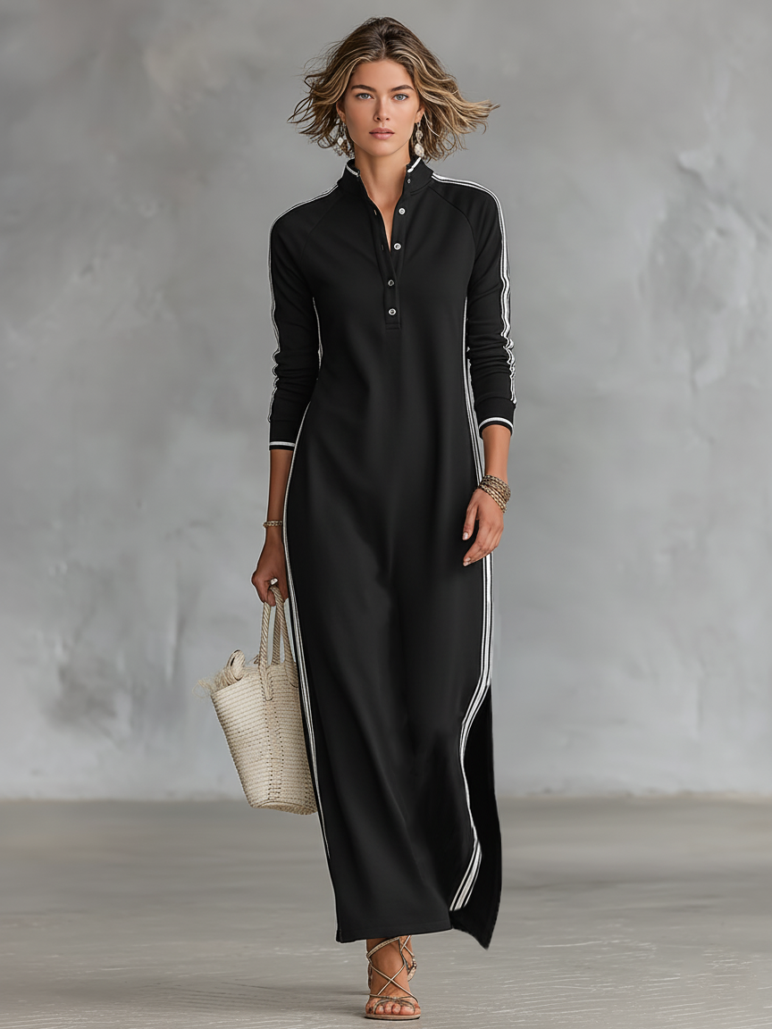 PETRA™ - BUTTON COLLAR SWEAT MAXI DRESS