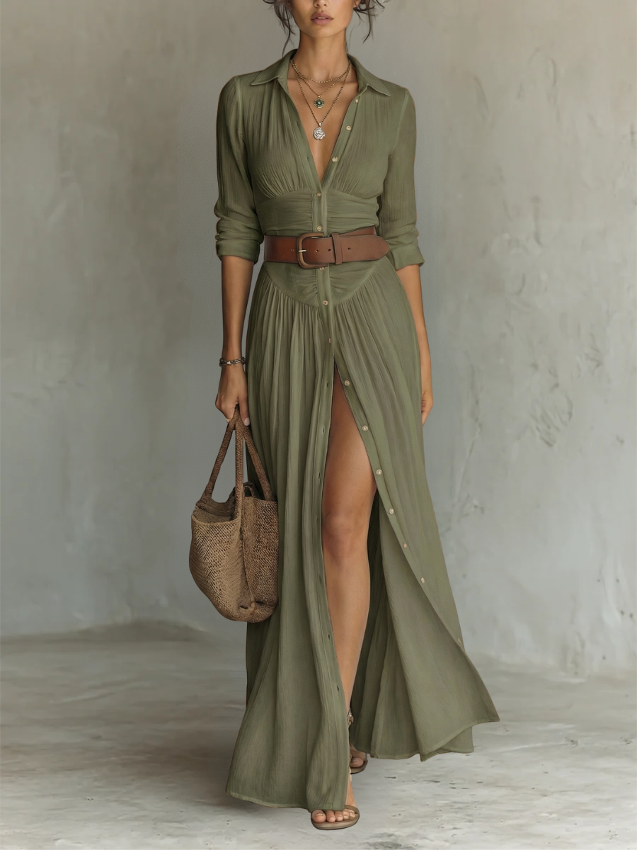 ELISE™ - LINEN PLEATED LAPEL MAXI DRESS