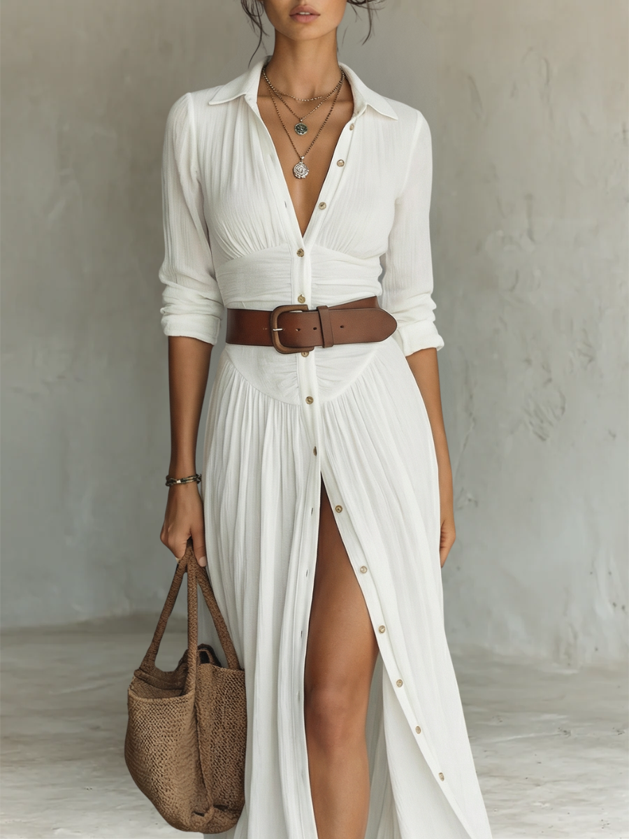 CLARA™ - WHITE LINEN PLEATED MAXI DRESS