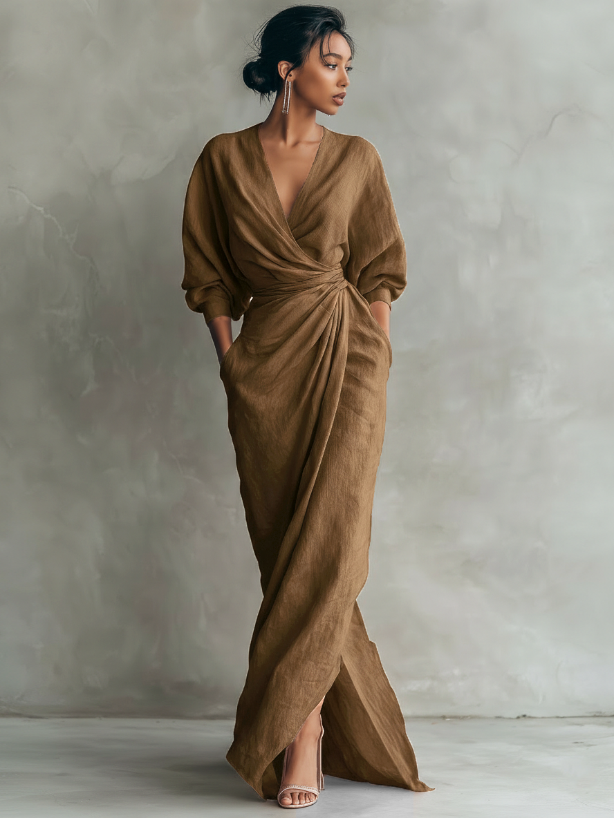 SOFIA™ - PINK V-NECK LINEN MAXI DRESS
