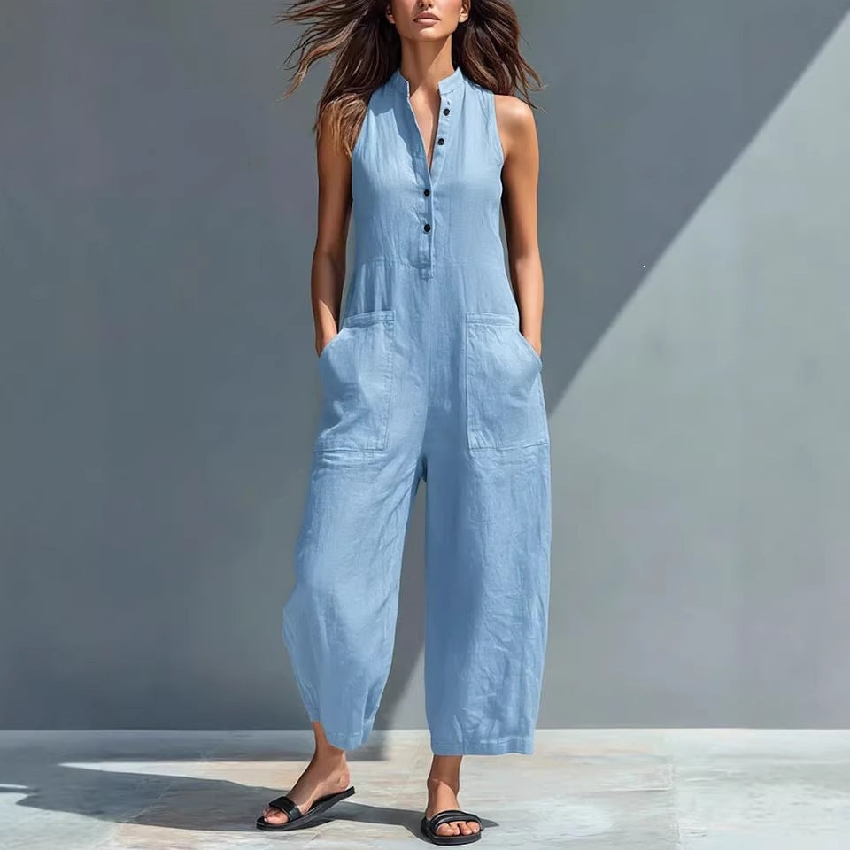 LEONA™ – SLEEVELESS COTTON BLEND DUNGAREES