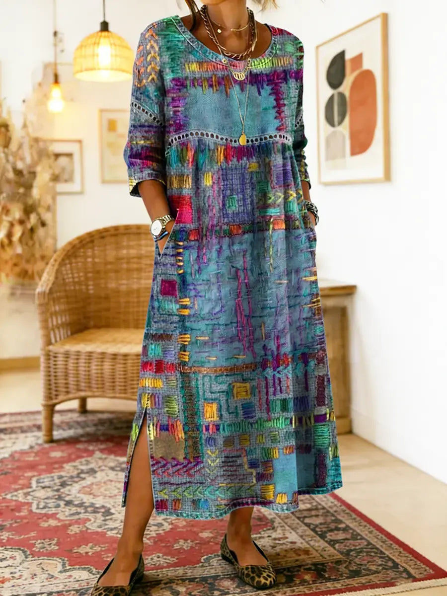 MANUELA™ - ETHNIC PATCHWORK DENIM DRESS