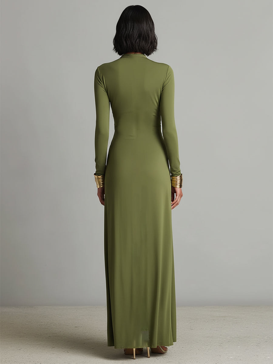 CELESTE™ - OLIVE SILK DEEP-V MAXI DRESS