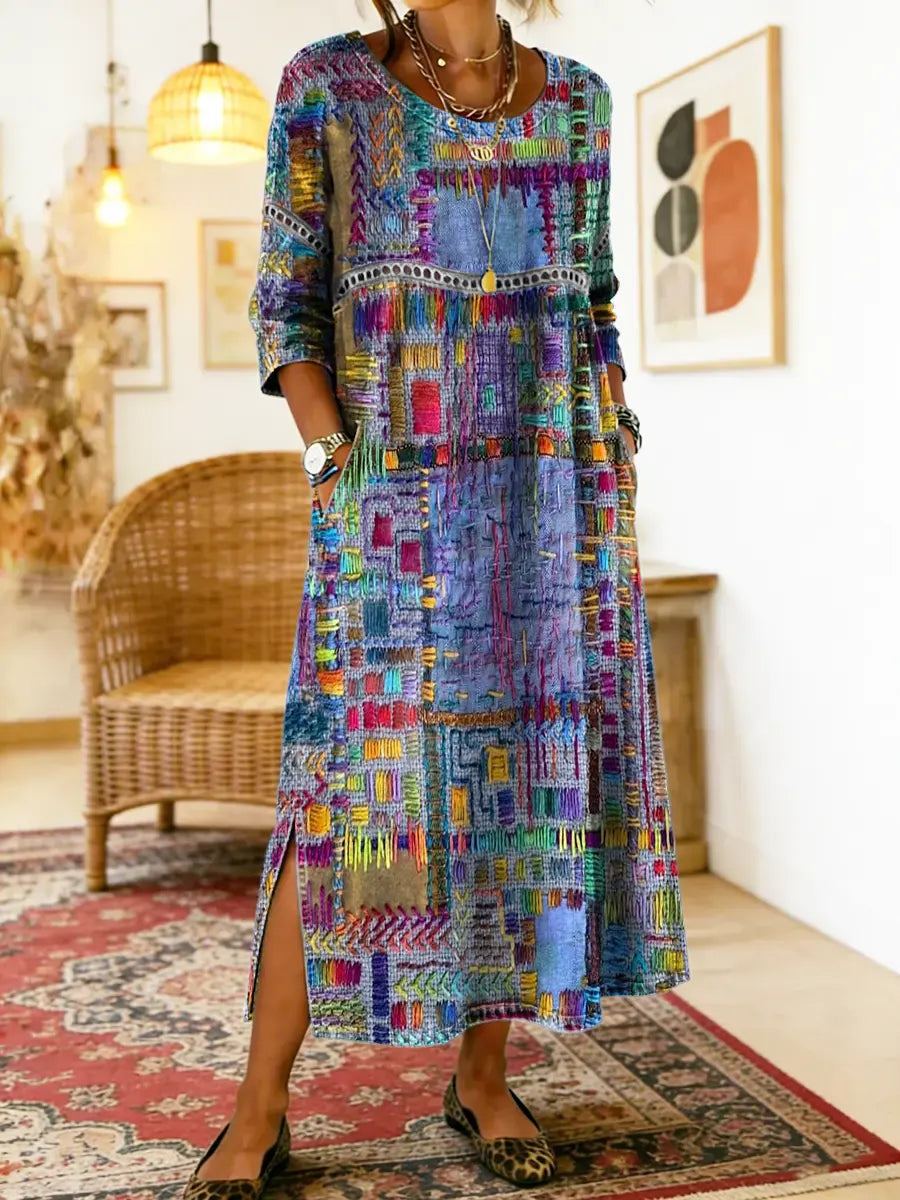 MANUELA™ - ETHNIC PATCHWORK DENIM DRESS