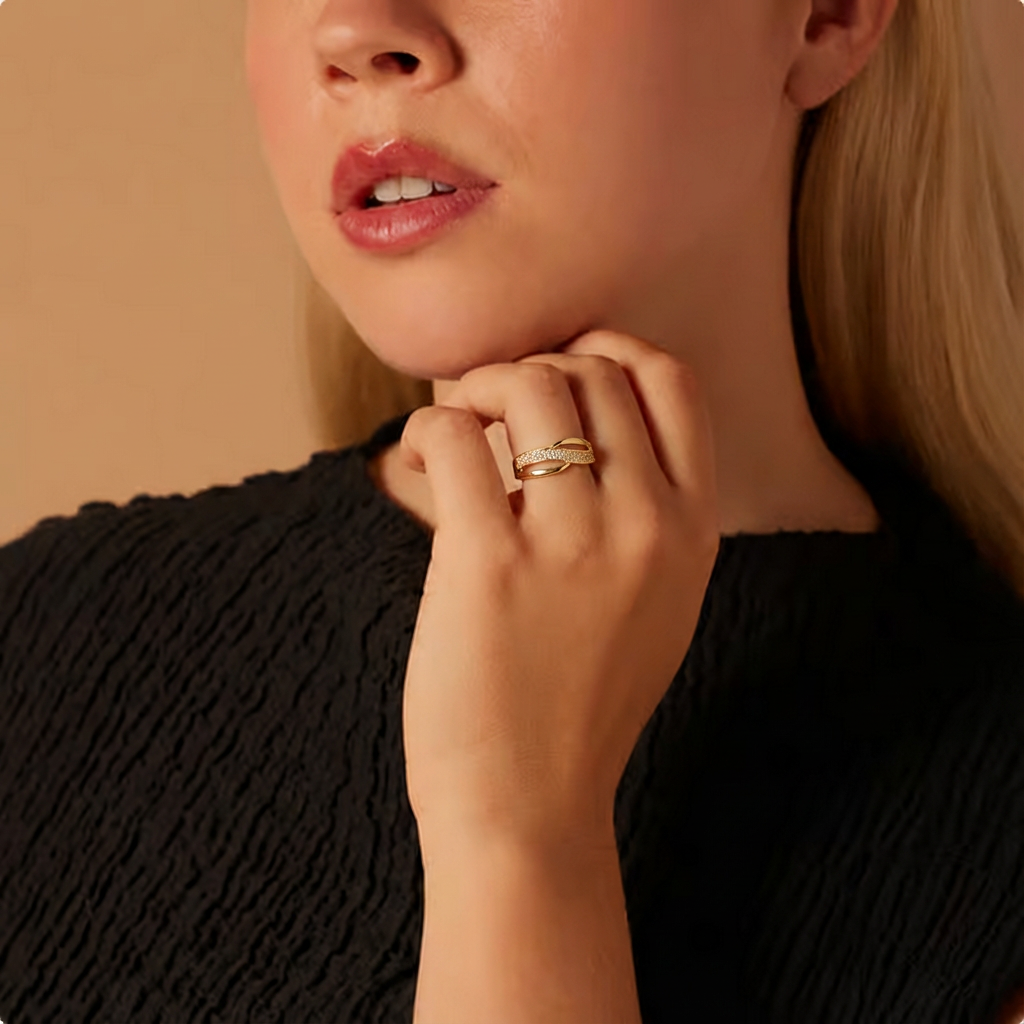 Elegant Gold-Colored Crossover Ring with Stones