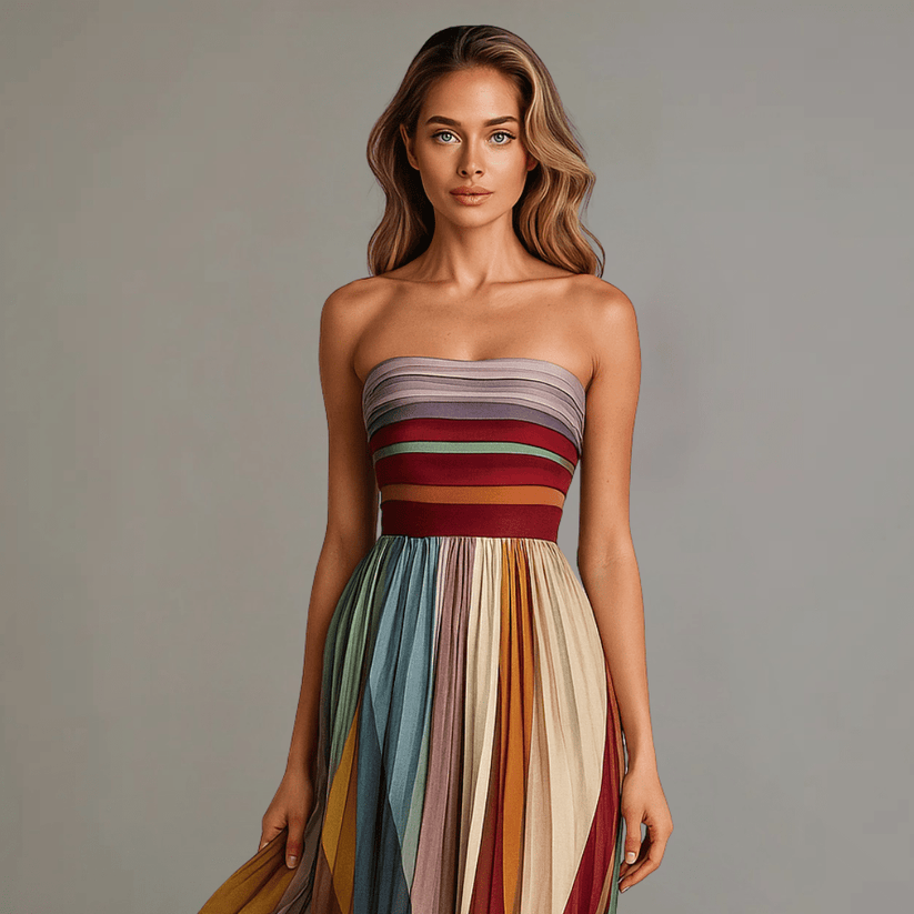 INES™ - SLEEVELESS STRIPED PANEL MAXI DRESS