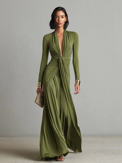 Celeste – Olive Silk Deep-V Maxi Dress