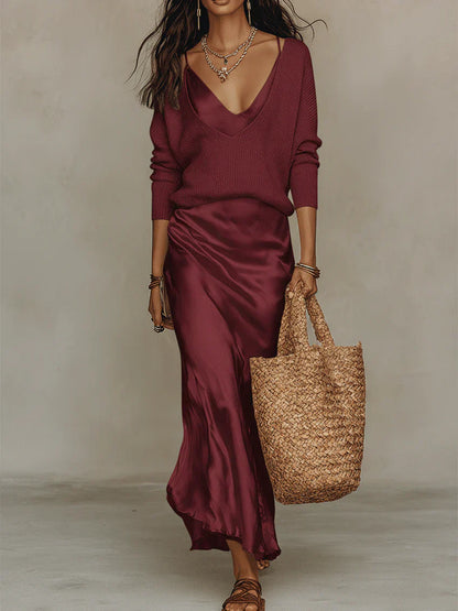 Antaradus - Elena Satin Midi Dress & Knit Set