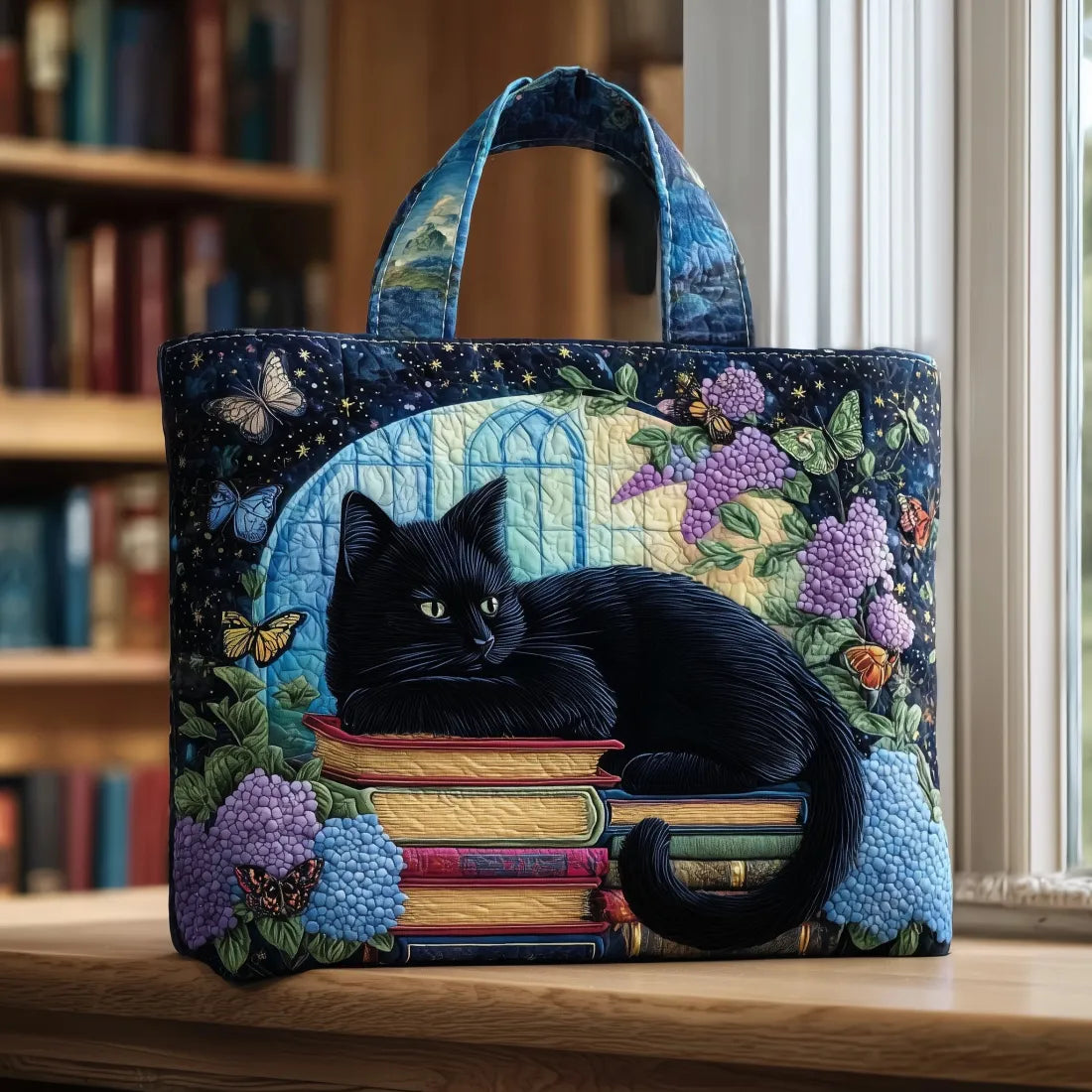 WHIMSY™ - QUILTED PRINT TOTE BAG, Black Cat & Books