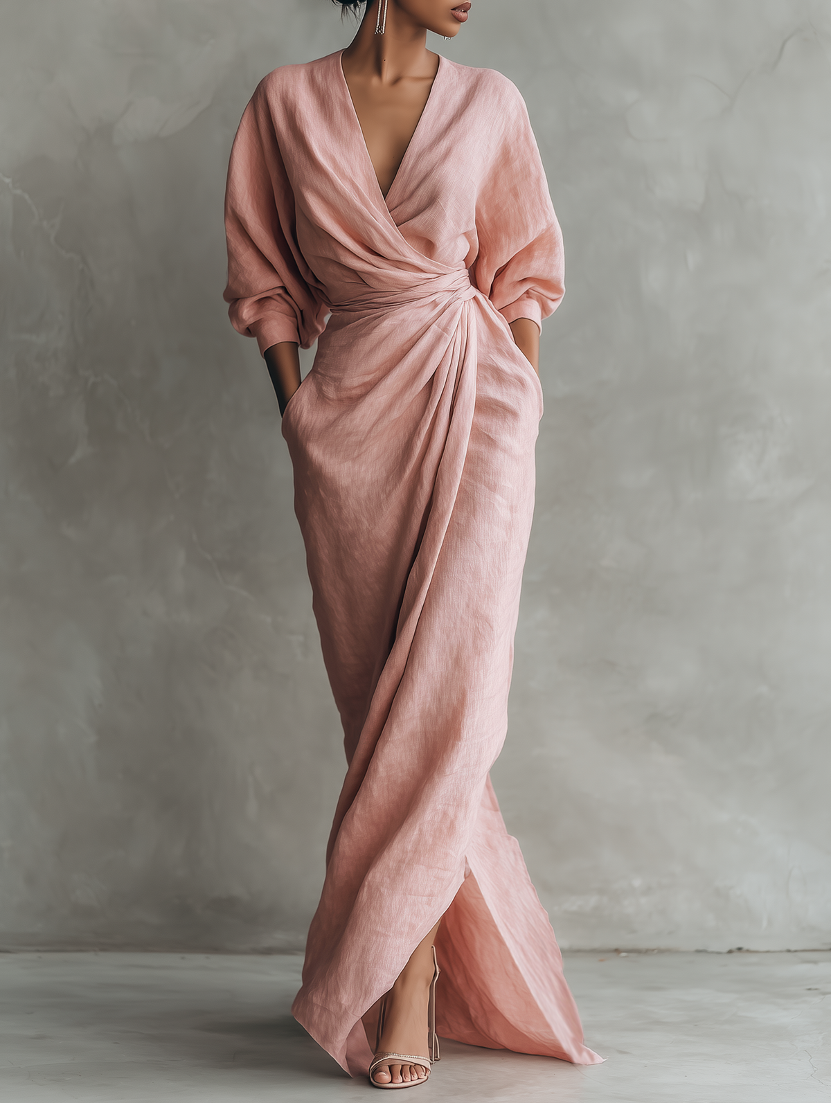 SOFIA™ - PINK V-NECK LINEN MAXI DRESS