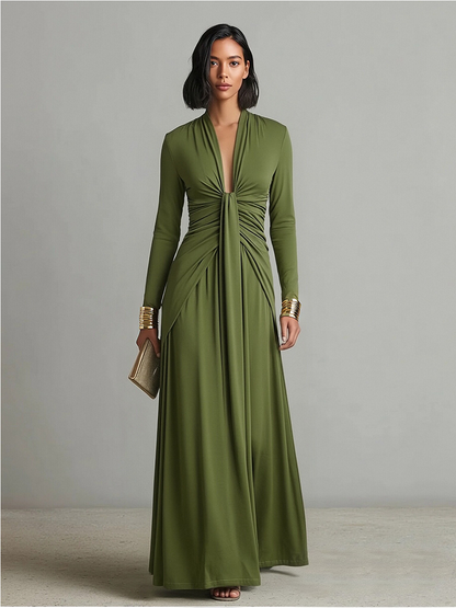 Celeste – Olive Silk Deep-V Maxi Dress
