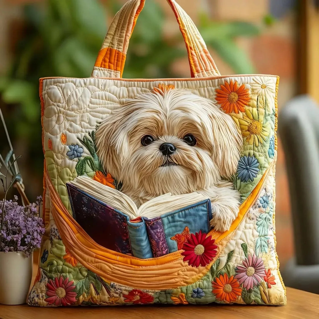 WHIMSY™ - QUILTED PRINT TOTE BAG, Shih Tzu & Flowers