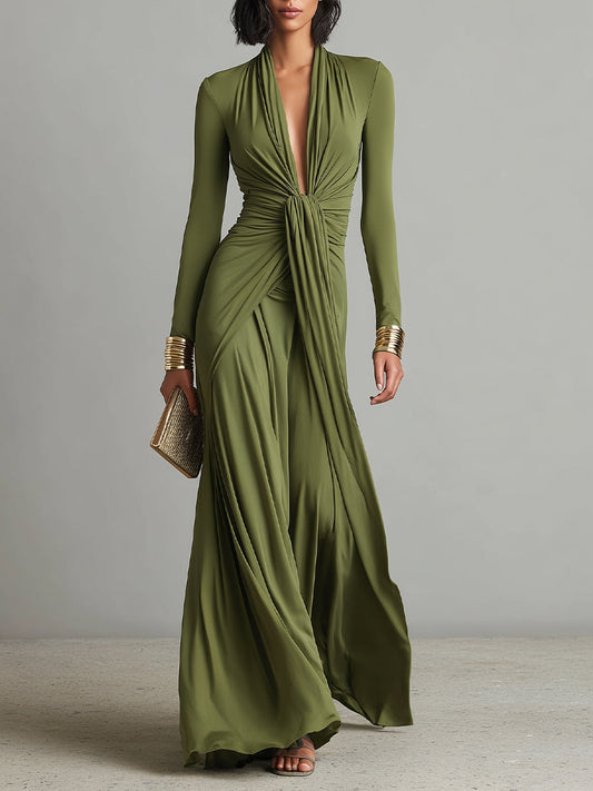 Celeste – Olive Silk Deep-V Maxi Dress