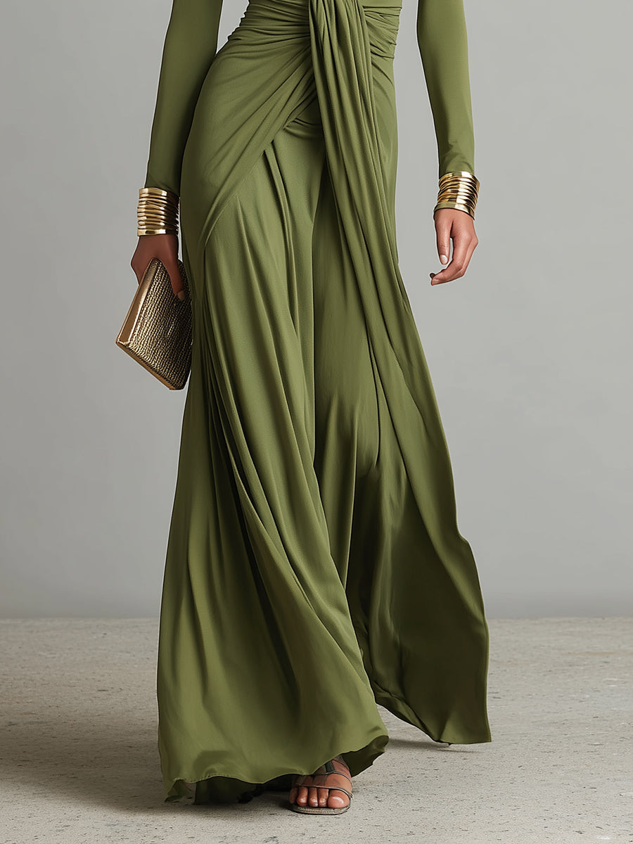 Celeste – Olive Silk Deep-V Maxi Dress