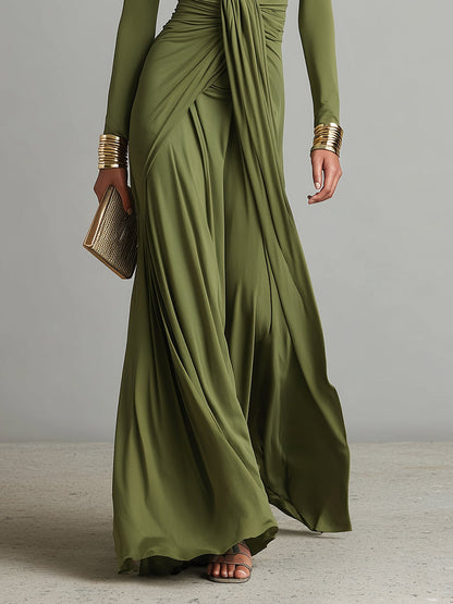 Celeste – Olive Silk Deep-V Maxi Dress