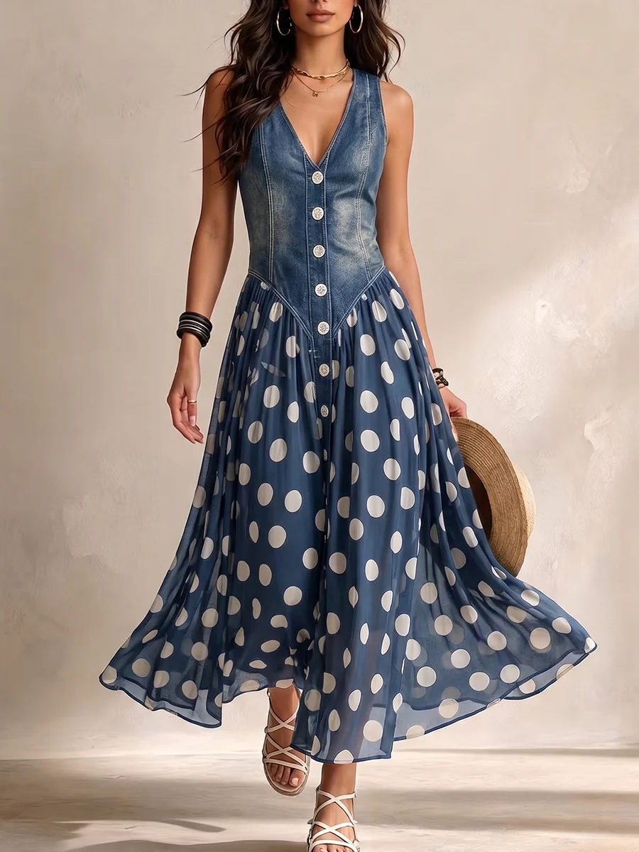 BRENDA™ - DENIM-STYLE POLKA DOT DRESS