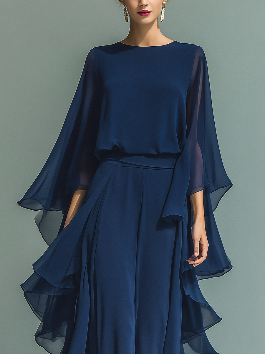 MARINA™ - NAVY CHIFFON BELL-SLEEVE SET