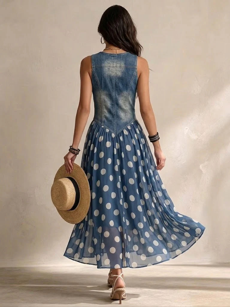 BRENDA™ - DENIM-STYLE POLKA DOT DRESS
