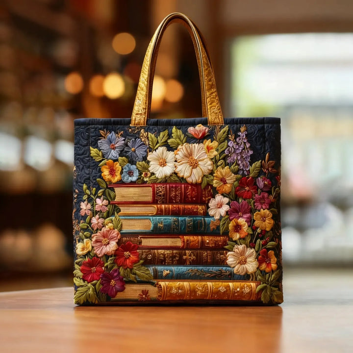 WHIMSY™ - QUILTED PRINT TOTE BAG, Floral & Books