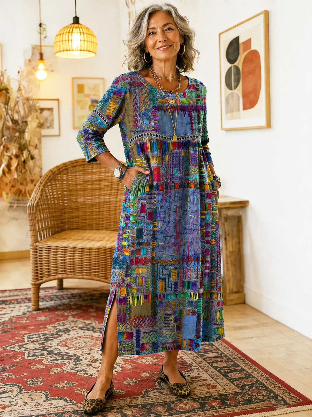 MANUELA™ - ETHNIC PATCHWORK DENIM DRESS