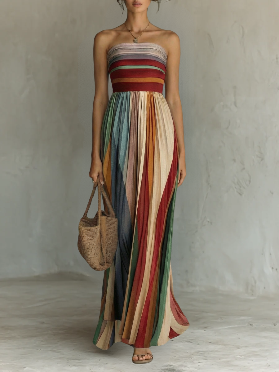INES™ - SLEEVELESS STRIPED PANEL MAXI DRESS