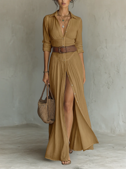 Elise – Linen Pleated Lapel Maxi Dress