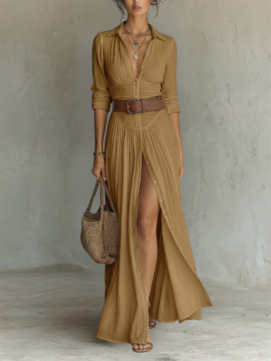ELISE™ - LINEN PLEATED LAPEL MAXI DRESS