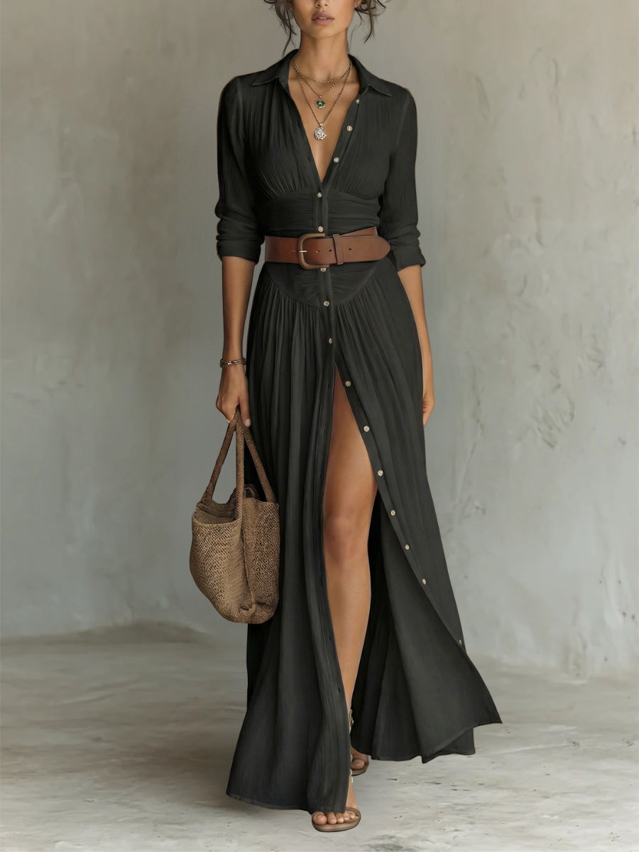 ELISE™ - LINEN PLEATED LAPEL MAXI DRESS