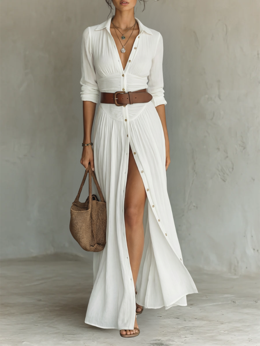 CLARA™ - WHITE LINEN PLEATED MAXI DRESS