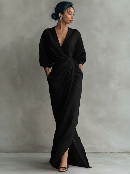 Sofia – Pink V-Neck Linen Maxi Dress