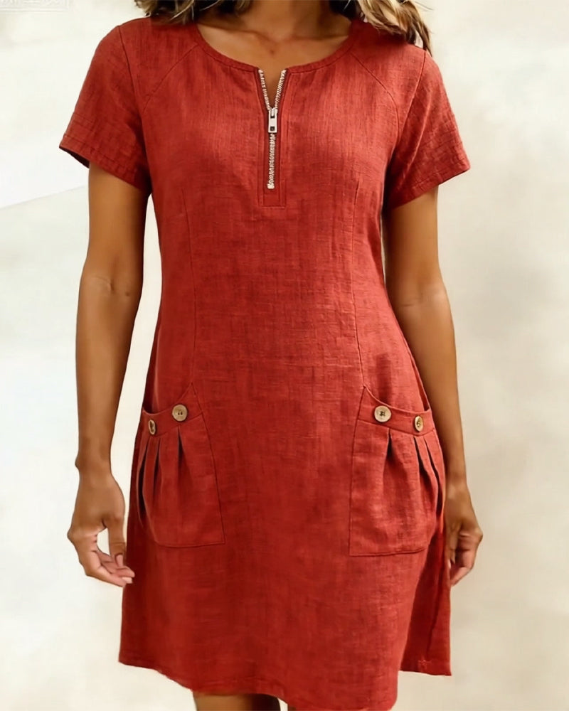NADIA™ - COTTON LINEN ZIP POCKET DRESS