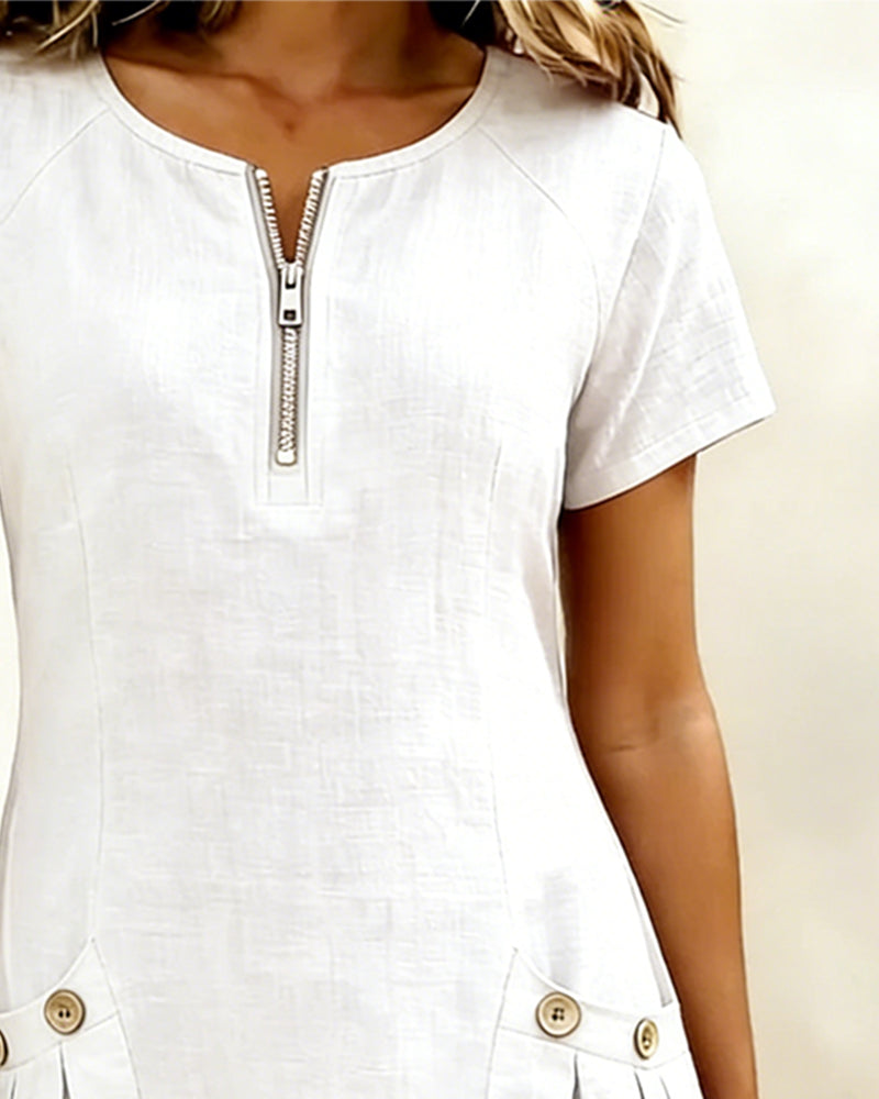 NADIA™ - COTTON LINEN ZIP POCKET DRESS