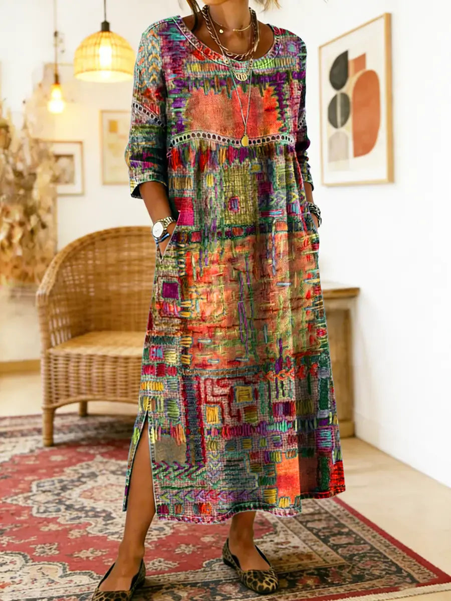 MANUELA™ - ETHNIC PATCHWORK DENIM DRESS
