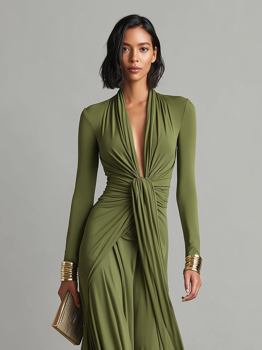 Celeste – Olive Silk Deep-V Maxi Dress