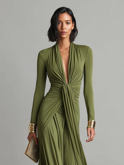 Celeste – Olive Silk Deep-V Maxi Dress