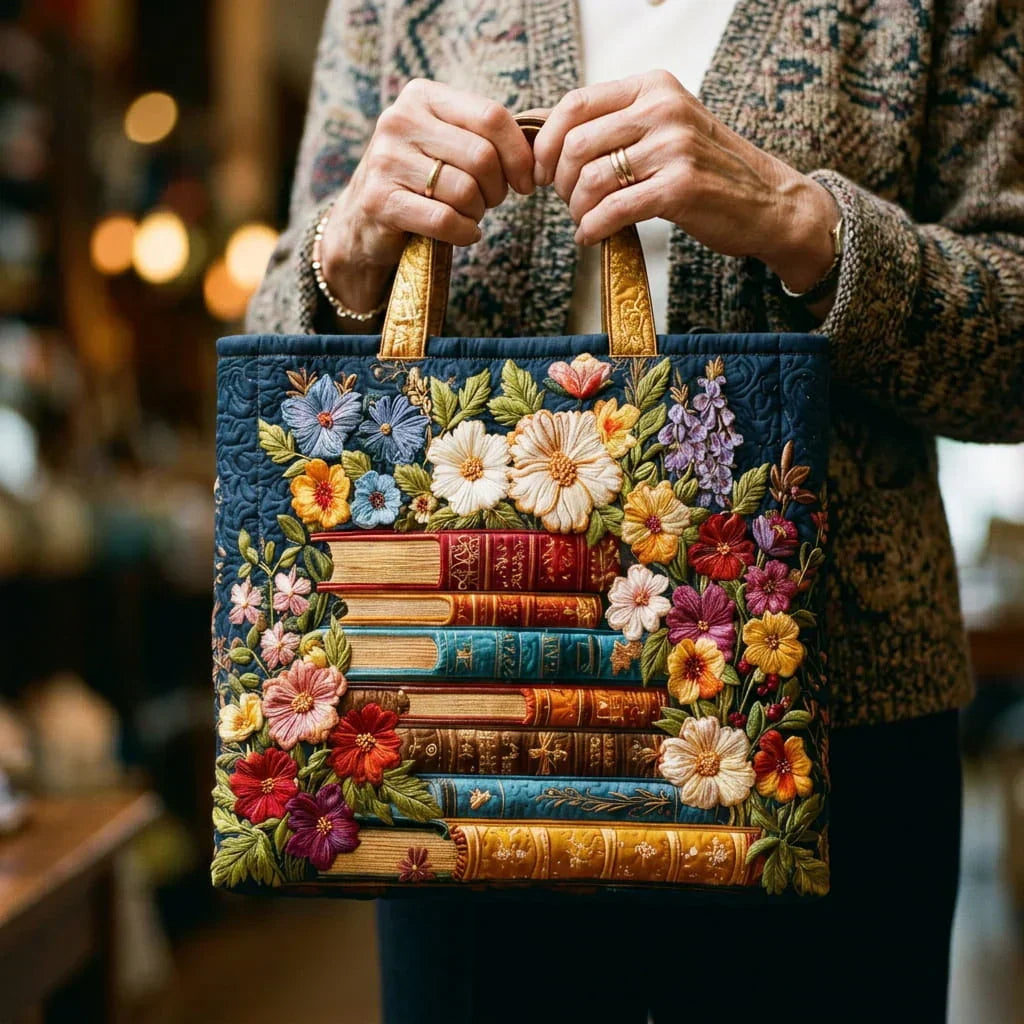 WHIMSY™ - QUILTED PRINT TOTE BAG, Floral & Books